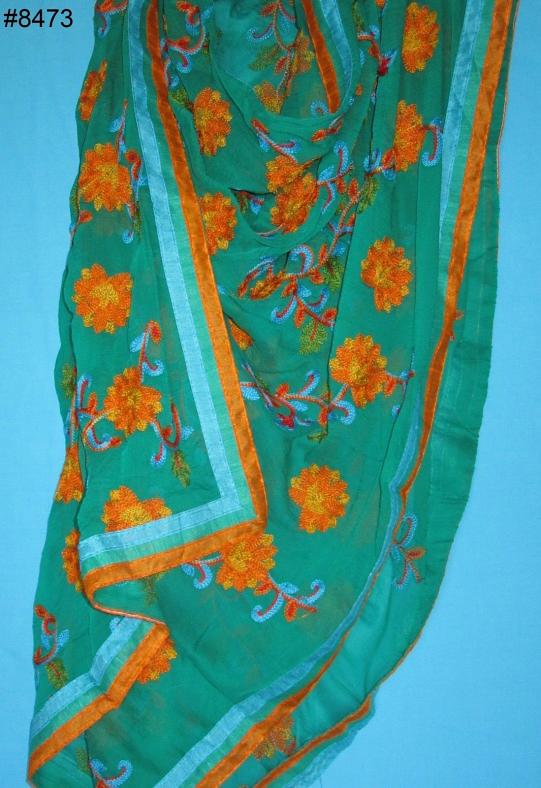Phulkari Solid Green Georgette Multi-Color Dupatta / Scarff