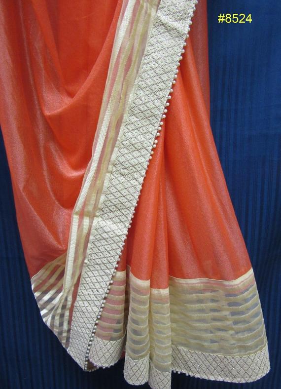 Festive Orange Sheesha Dobby, Gold Shimmer Border Saree & Blouse Festive Orange Sheesha Dobby, Gold Shimmer Border Saree & Blouse