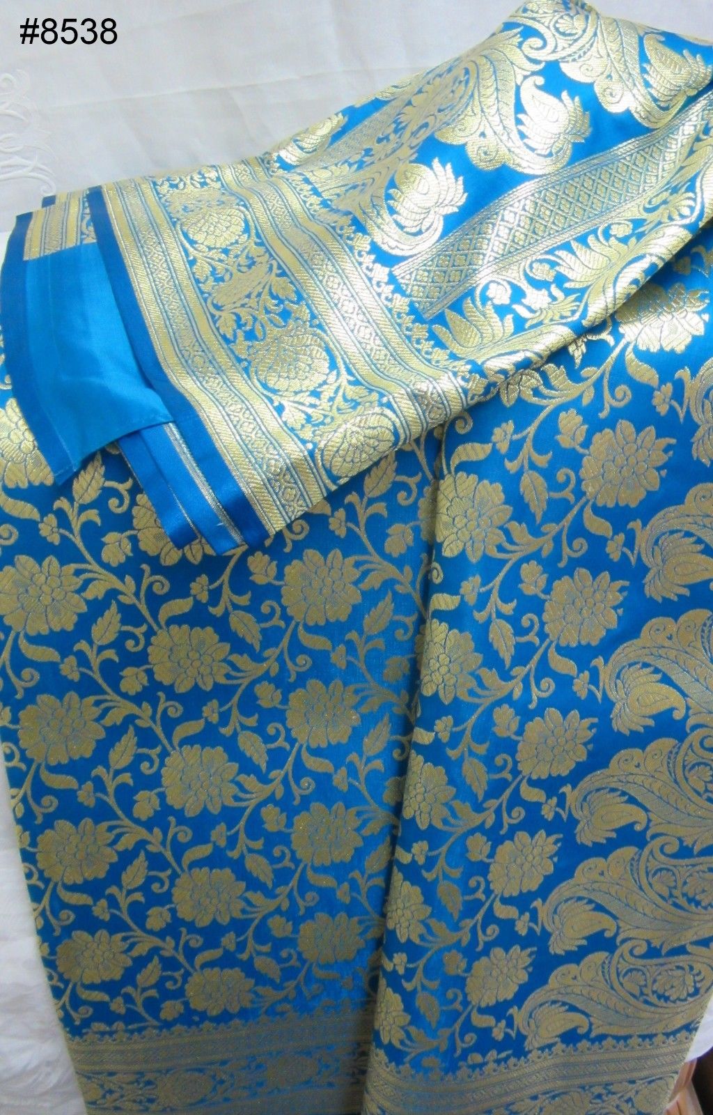Firozi 8538 Banarsi Silk Golden Zari Cocktail Sari Semi Stitched Blouse Firozi 8538 Banarsi Silk Golden Zari Cocktail Sari Semi Stitched Blouse