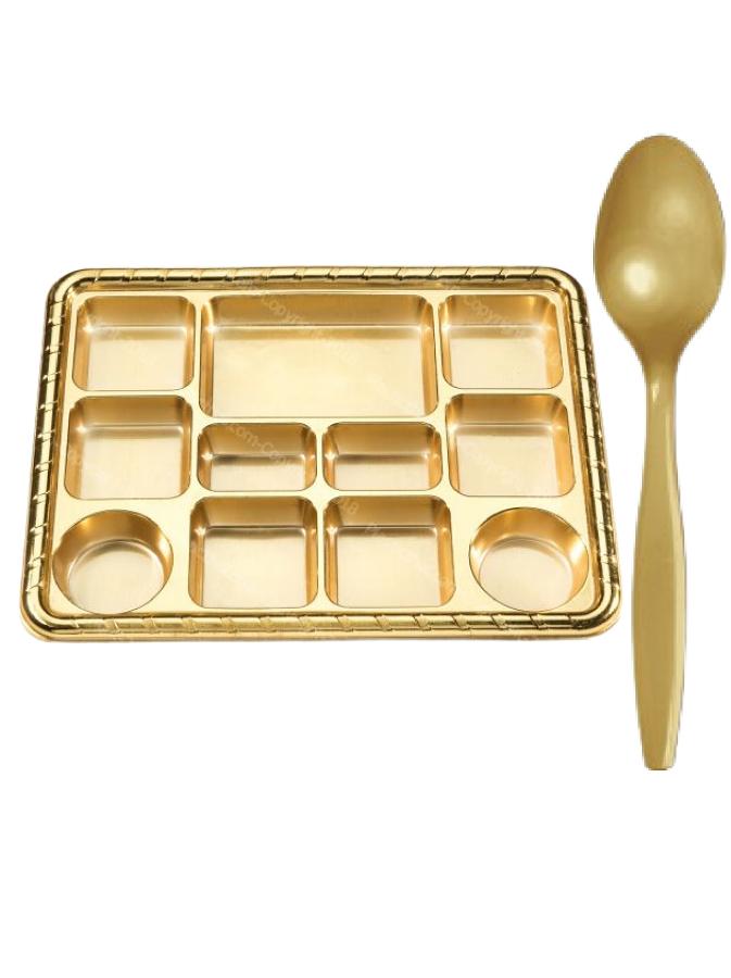 11 Compartment Disposable Gold Plates Thali Tray - 100 Plates w/ Spoons 11 Compartment Disposable Gold Plates Thali Tray - 100 Plates w/ Spoons