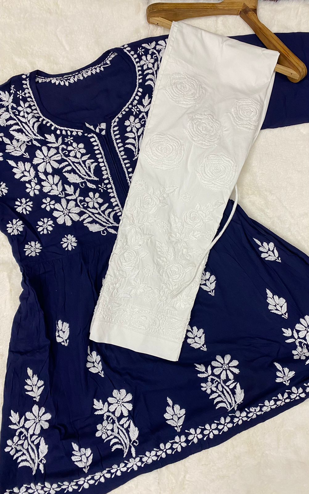 Blue Intricate Chikankari Embroidery Soft Cotton Kurti & Bottom Set (S) Blue Intricate Chikankari Embroidery Soft Cotton Kurti & Bottom Set (S)