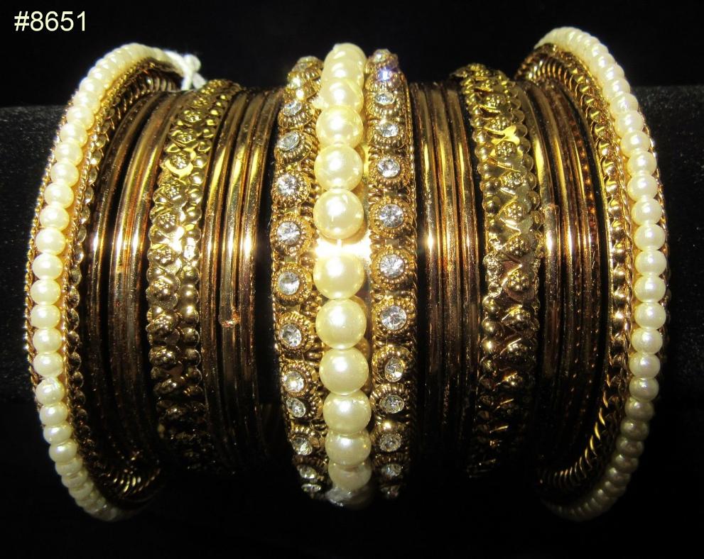 Golden Bangles w/ Bead Work, Gold Indian Set of Kadra & Bangles Golden Bangles w/ Bead Work, Gold Indian Set of Kadra & Bangles