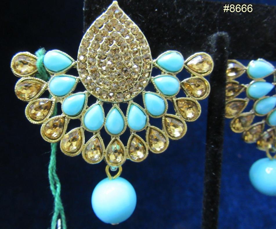 Golded Fan Shape Earrings, Gold CZ Gold Crystals & Firozi Beads Earrings Golded Fan Shape Earrings, Gold CZ Gold Crystals & Firozi Beads Earrings