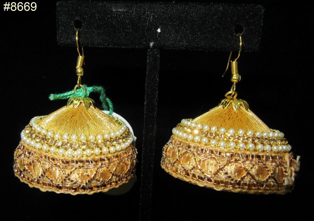 Golden Zari Crystal Zircons Pearl Beads big Jhumka Earrings