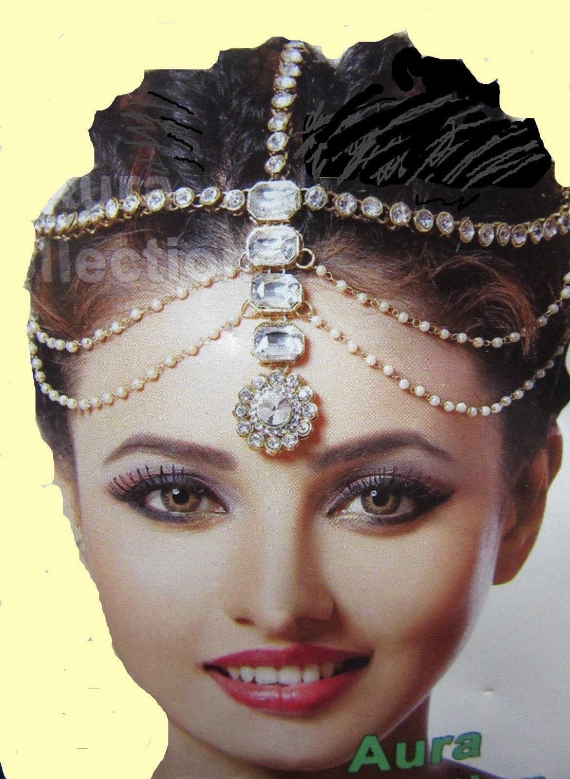 Maatha Patti Gold Tone Golden Stones Crystals Pearl Beads Strings #8682 Maatha Patti Gold Tone Golden Stones Crystals Pearl Beads Strings #8682