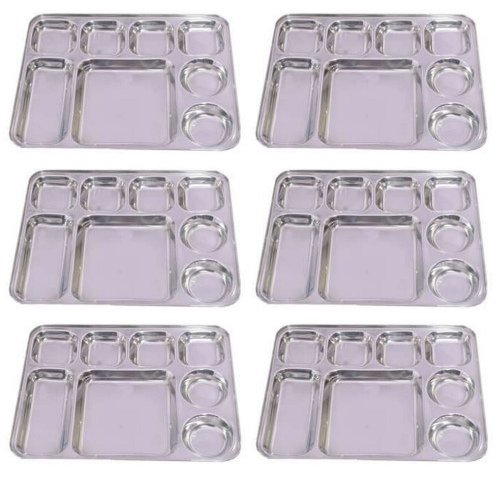 6 Pcs 8 Compartment Stainless Steel Thali Plate for Meals 16" X 11" 