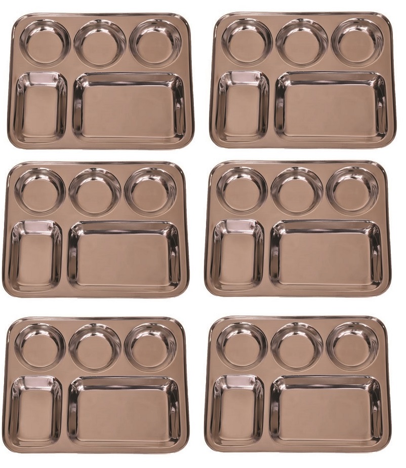 5 Compartment Stainless Steel Food Tray Dinner Plate Indian Style Thali 