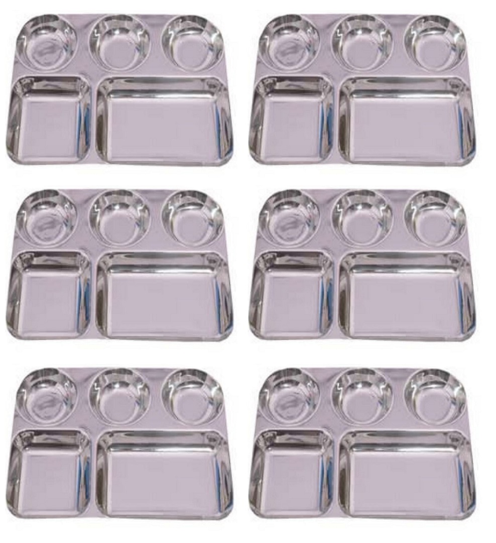 6 Pcs 5 Compartment Stainless Steel Thali Plate for Meals 13" X 10