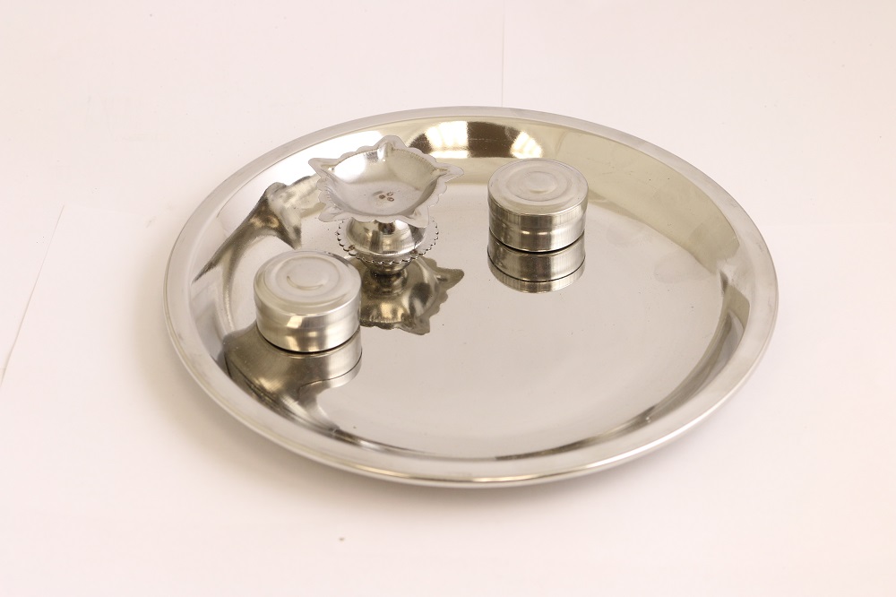 Stainless Steel Pooja Thali Set w/ Diya & 2 Katori 7.75" Stainless Steel Pooja Thali Set w/ Diya & 2 Katori 7.75"