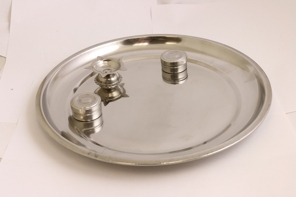 Traditional Stainless Steel Pooja Thali w/ Diya & Katori 10" Traditional Stainless Steel Pooja Thali w/ Diya & Katori 10"