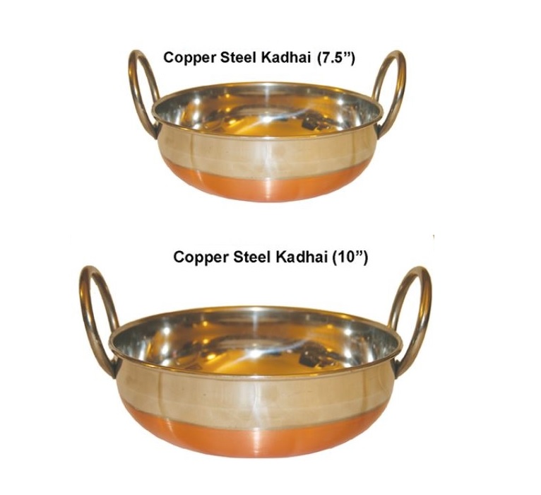 2 Pcs Copper Bottom Stainless Steel Kadahi for Cooking / Frying 7.5 & 10  #48102