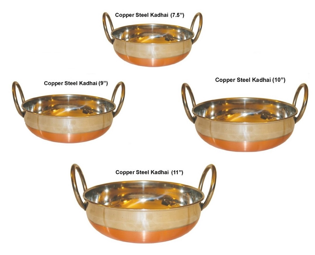 Copper Bottom Stainless Steel Kadai 4 Pcs Set to Cook / Fry 7.5" to 11" Copper Bottom Stainless Steel Kadai 4 Pcs Set to Cook / Fry 7.5" to 11"