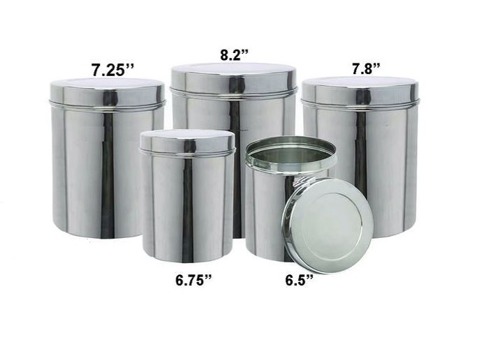 Set of 5 Stainless Steel Containers Dabbas w/ Lid - 6.5" to 8.2"
