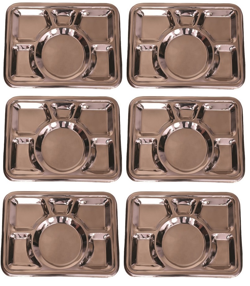 Stainless Steel-Plate/Thali 5 Compartments Thali Set of 6 Pcs 