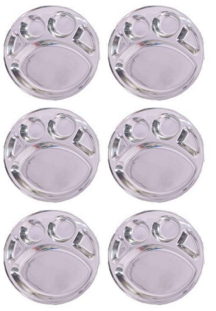 6 Pcs Stainless Steel 6 Compartment Round Thali Plate for Meals 13"