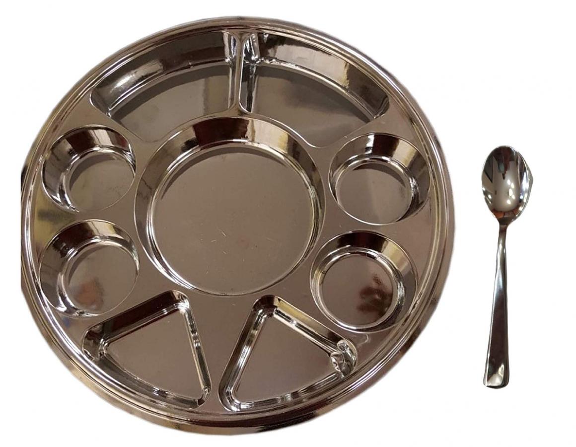 Disposable Stainless Steel 9 Compartment 100 Thali & Spoons for Indian Food, Wedding, Langar