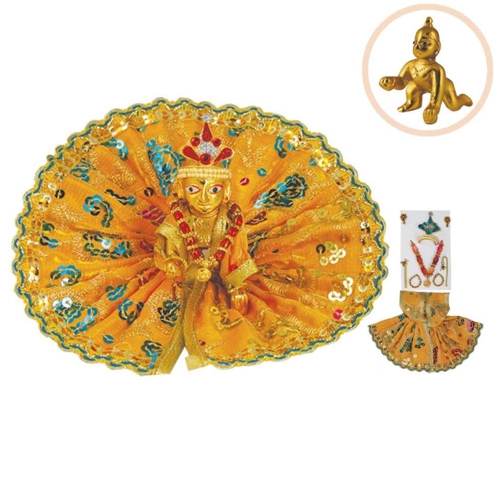 Brass Ladoo Gopal Krishna Murti w/ Poshak & Mukut Mala for Janmashtmi Brass Ladoo Gopal Krishna Murti w/ Poshak & Mukut Mala for Janmashtmi