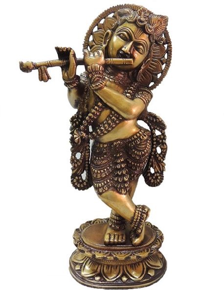 Artistic Carved Brass Krishna Statue Playing Flute 13" Tall