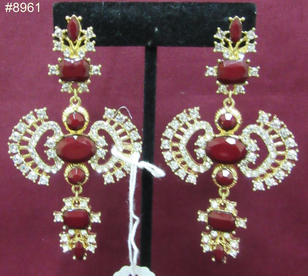 Golden CZ Earrings, Red Garnet Finish Earrings Pair