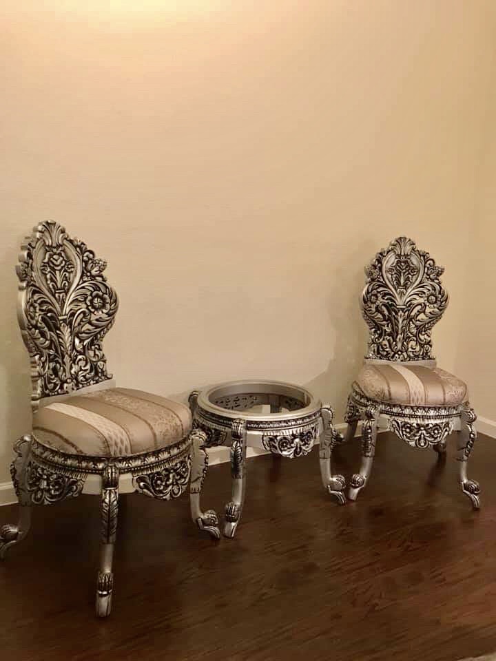 Carved Silver Tone Chair Set - 2 Chairs & 1 Small Table