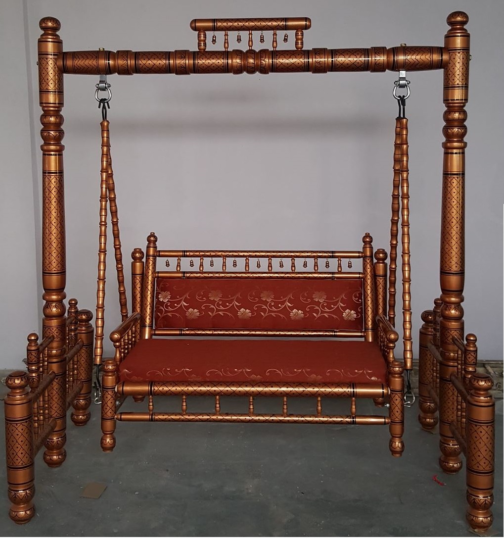 Handcrafted Sankheda Design Wooden Jhula / Indoor Indian Swing Bronze