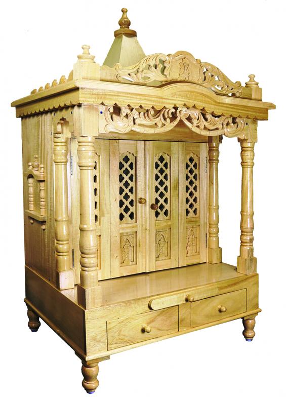 Gallery Style Carved Savan Wood Puja Mandir w/ Doors For Home 24"X42"
