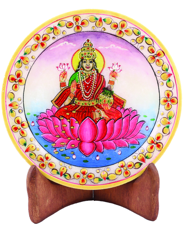 Handcrafted Meenakari Marble Laxmi Goddess Plate w/ Wooden Stand