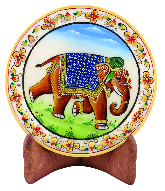Handmade Meenakari Work Marble Elephant Plate w/ Wooden Stand Handmade Meenakari Work Marble Elephant Plate w/ Wooden Stand
