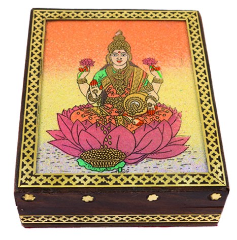Handcrafted Antique Finish Wooden Box w/ Lakshmi Ji Picture 2pcs 7X5"