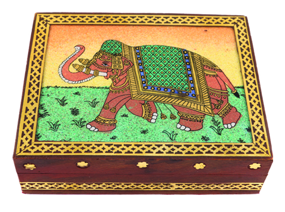 Handcrafted Wooden Box w/ Elephant Picture (SET OF 2) Small 5X4"