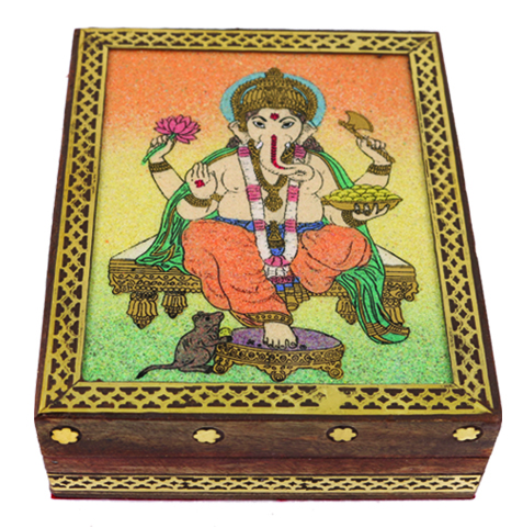 Antique Finish Handcrafted Wooden Box w/ Ganesha Picture (2pcs 7"X5")