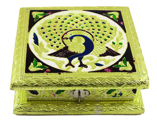 Small Decorative Meenakari Artwork Peacock Design Return Gift Box 6"X6" Small Decorative Meenakari Artwork Peacock Design Return Gift Box 6"X6"