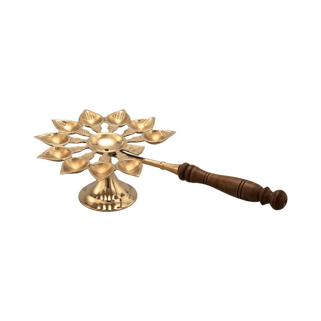 12" Long 10 Wick Brass Diya For Pooja Aarti w/ Wooden Handle 12" Long 10 Wick Brass Diya For Pooja Aarti w/ Wooden Handle