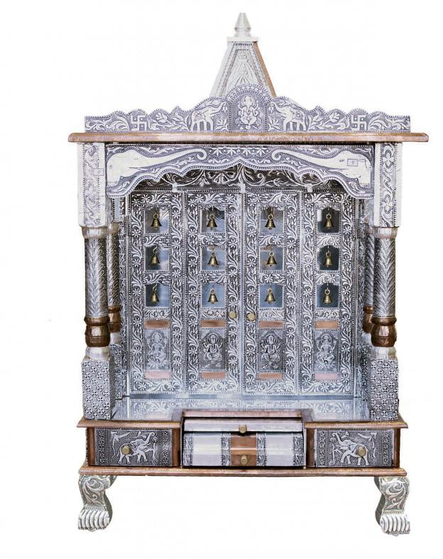 Beautifully Carved Puja Mandir Silver Oxidized Temple 24"X18" Beautifully Carved Puja Mandir Silver Oxidized Temple 24"X18"