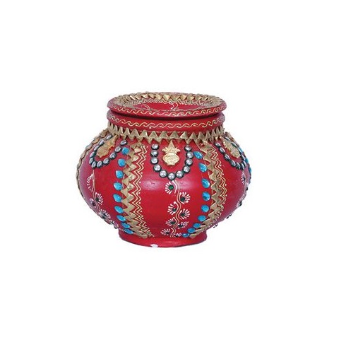 Handpainted & Embellised Earthen Clay Puja Matki Kalash 6"