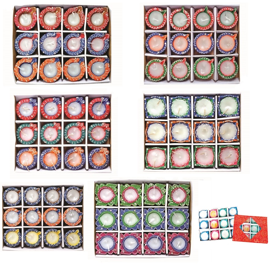 Hand Painted Clay Diya w/ Wax 12 Pcs in Gift Box - 6 Boxes Hand Painted Clay Diya w/ Wax 12 Pcs in Gift Box - 6 Boxes