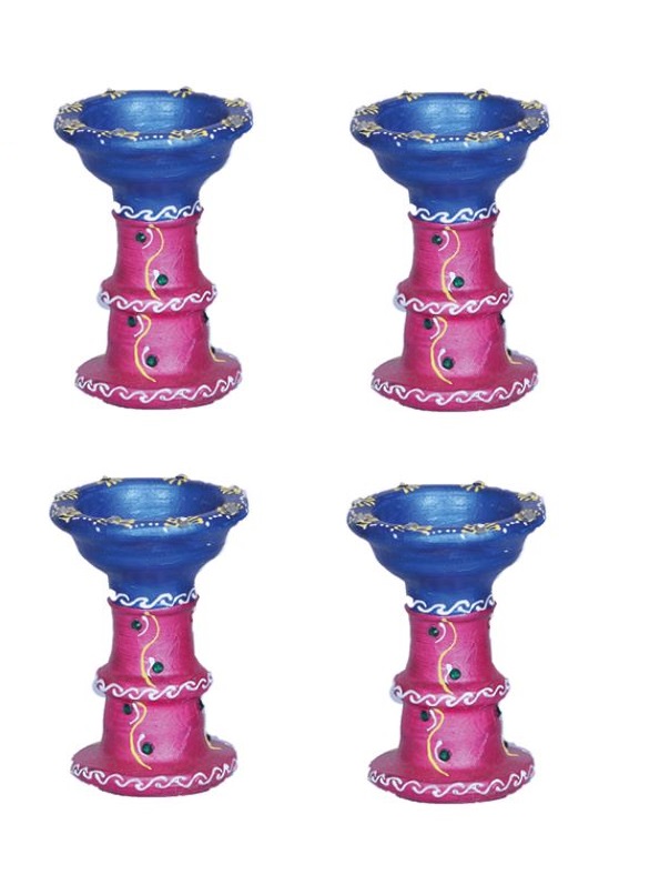 Traditionally Crafted Fancy Tall Diwali Clay Diya 4" - Set of 4 Pcs 