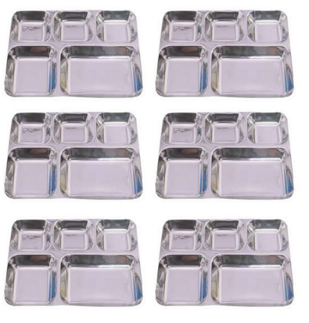 6 Pcs Stainless Steel Dinner Plate 5 Compartment Thali 10" x 14"