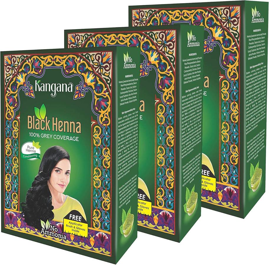 KANGANA Natural Black Henna Powder for Hair Dye/Color, 100% Grey Coverage 