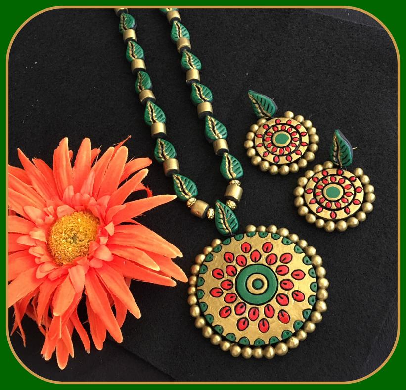 Big Sized Golden Terracotta Pendant w/ Baali Earrings - Gold, Green & Red Big Sized Golden Terracotta Pendant w/ Baali Earrings - Gold, Green & Red