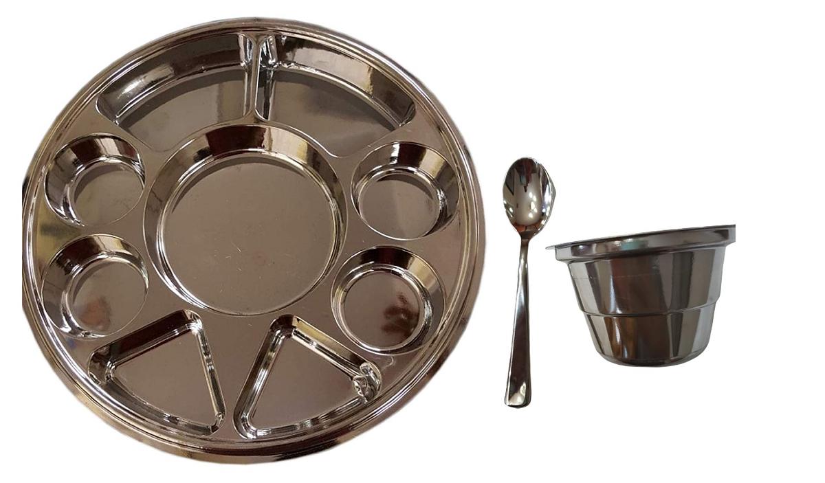 Disposable Plates 9 Compartment Stainless Steel Thali - 200 Thali w/ Spoon & Bowls