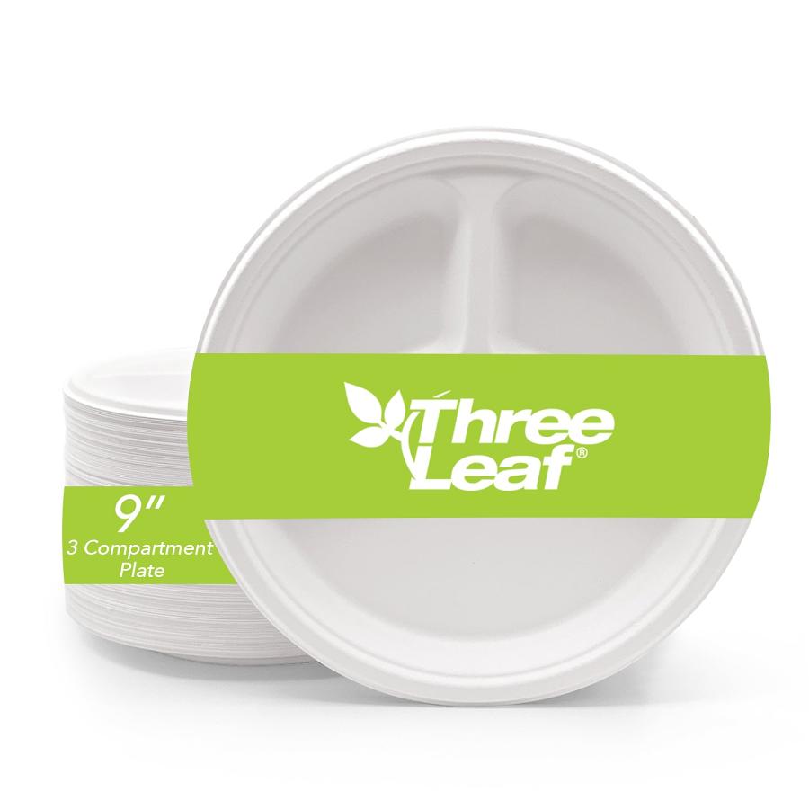 Three Leaf 9" 3 Compartment Bagasse Round Plate, 500 Ct. (20 Packs Of 25)