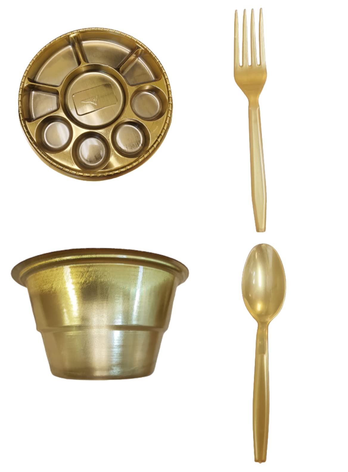 9 Compartment Disposable Gold Plates - Indian Thali Plastic Tray - 200 w/ Spoon/Fork/Bowl 9 Compartment Disposable Gold Plates - Indian Thali Plastic Tray - 200 w/ Spoon/Fork/Bowl