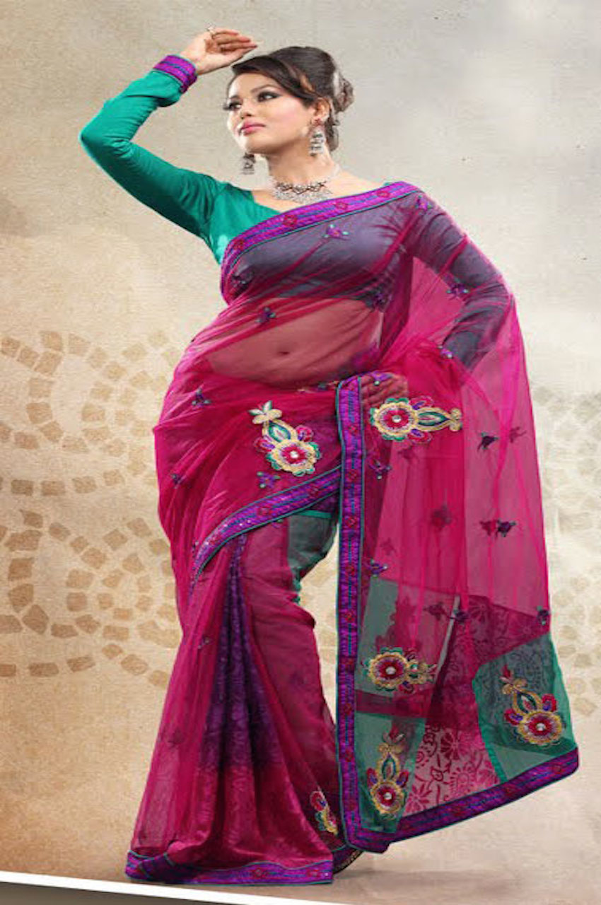Magenta Violet Green & Multicolor Designer Net Brasso Saree w/ Blouse Magenta Violet Green & Multicolor Designer Net Brasso Saree w/ Blouse