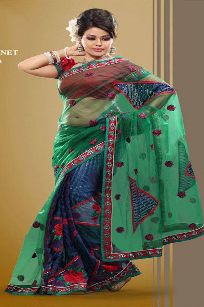 Teal Green Navy Blue & Multicolor Designer Net Brasso Saree w/ Blouse Teal Green Navy Blue & Multicolor Designer Net Brasso Saree w/ Blouse