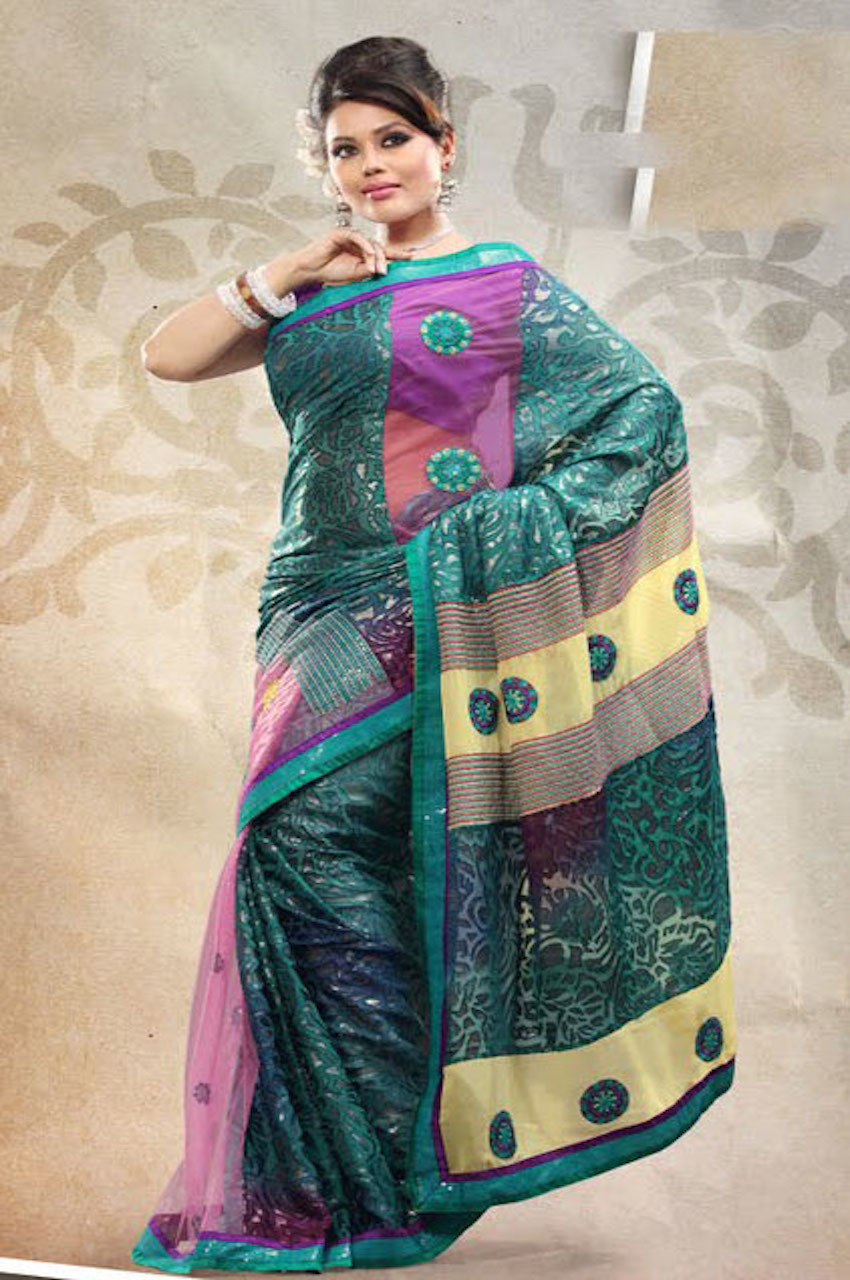 Teal Green Magenta & Multicolor Designer Net Brasso Saree w/ Blouse Teal Green Magenta & Multicolor Designer Net Brasso Saree w/ Blouse