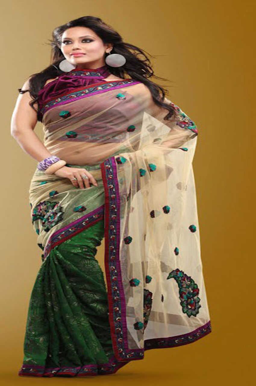 Cream Green & Multicolor Designer Net Brasso Saree w/ Blouse Cream Green & Multicolor Designer Net Brasso Saree w/ Blouse