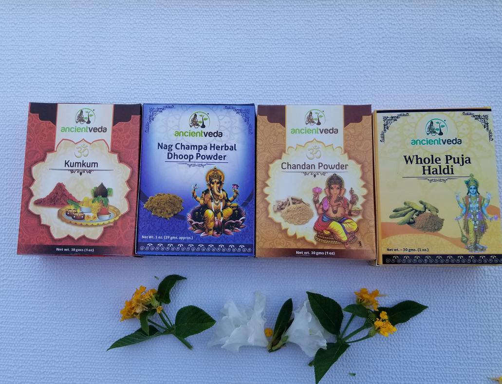 Essential Puja Samagri Whole Haldi, Nag Champa, Sandalwood, Kumkum