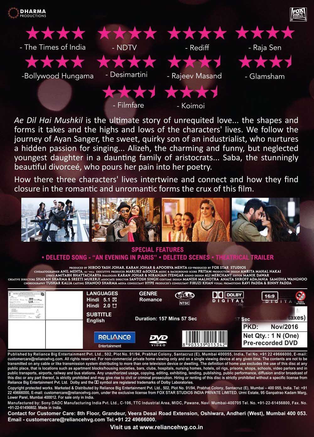 Ae Dil Hai Mushkil Hindi DVD Hindi Movie Stg: Ranbir Kapoor, Aishwarya Rai Ae Dil Hai Mushkil Hindi DVD Hindi Movie Stg: Ranbir Kapoor, Aishwarya Rai