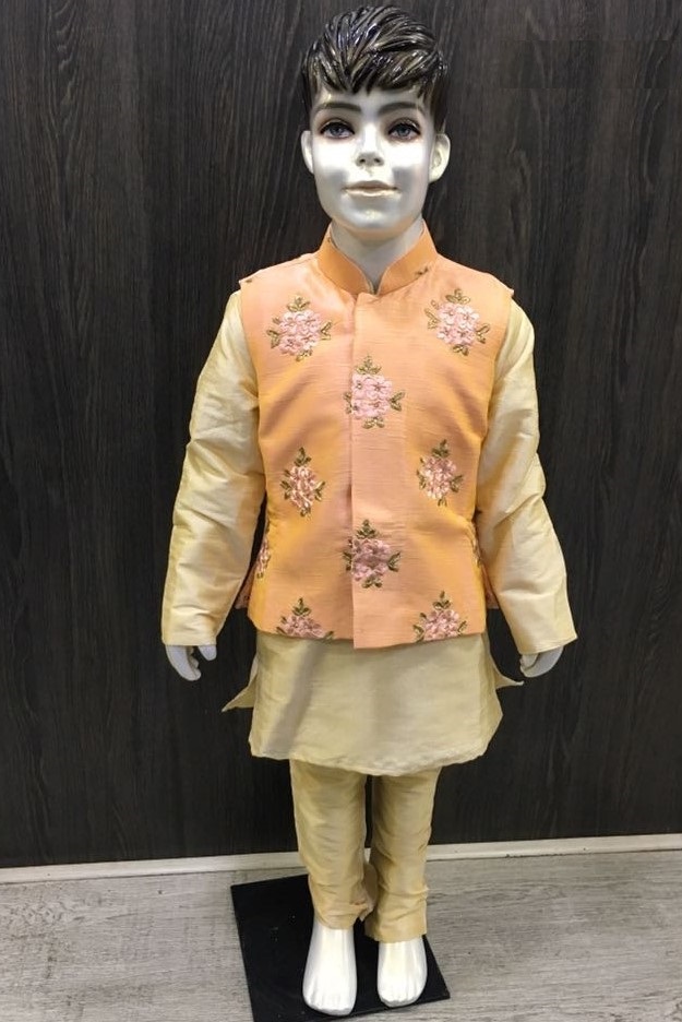 Embroidered Floral Peach Kurta Pajama & Jacket Set 1 - 6 Year Boys Embroidered Floral Peach Kurta Pajama & Jacket Set 1 - 6 Year Boys